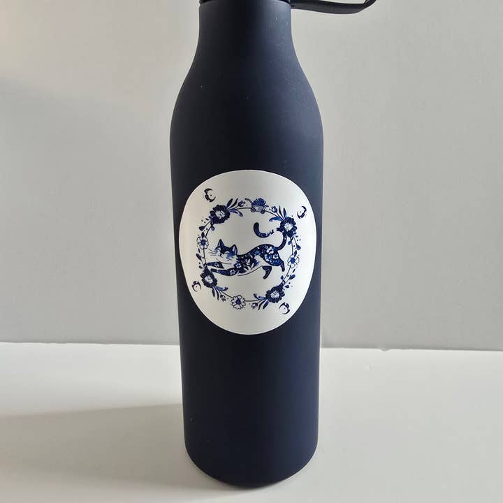 Designs by Mysh - Wholesale Sticker - Blue Floral Cat Sticker – Elegant Watercolor-Inspired Vinyl Decal (3")3