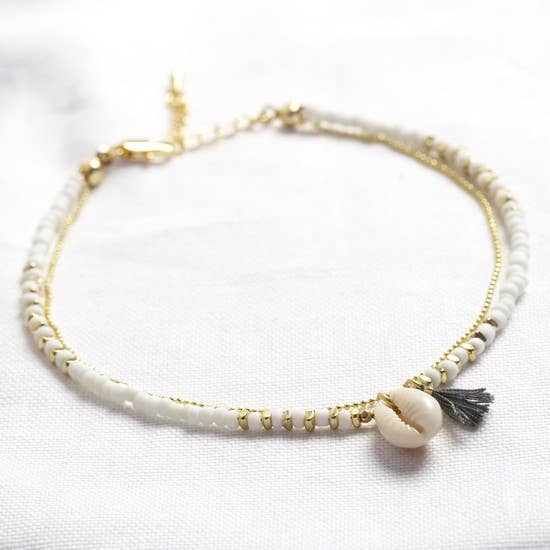 White Beaded Shell Charm Anklet for wholesale by Lisa Angel