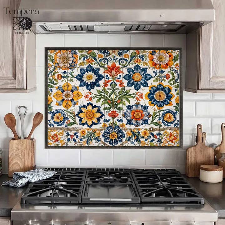 Mexican style tile backsplash, Floral kitchen tiles mural for wholesale by Tempera Art