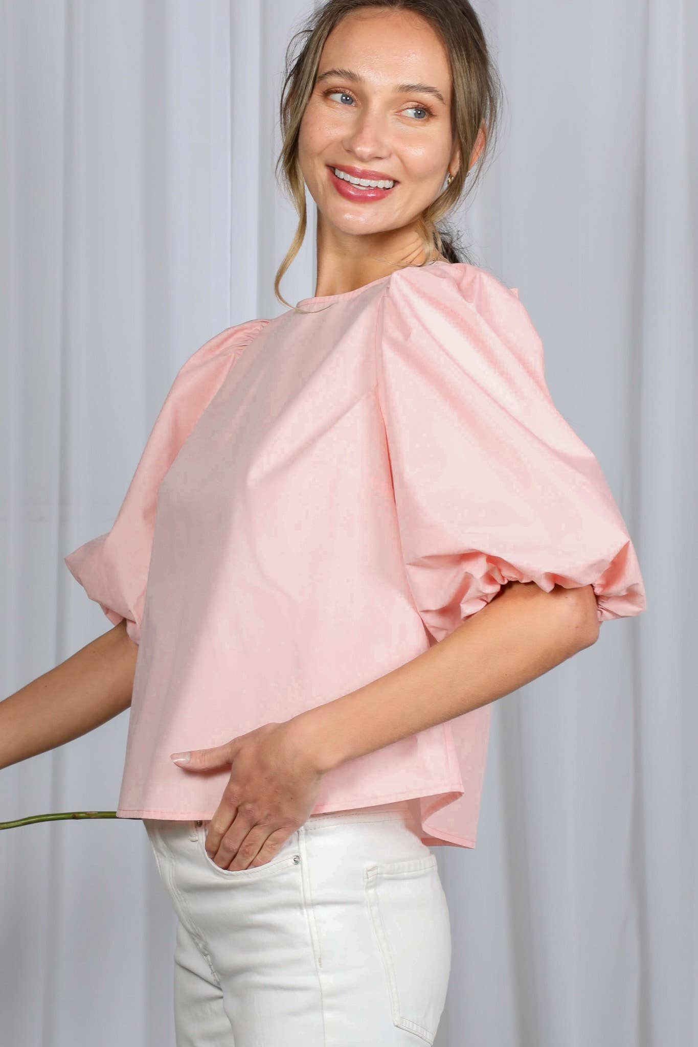 Vine & Love - Wholesale Blouse - Women's - Bubble Sleeve V-Back 2 Bow Detail Blouse Top VT826215