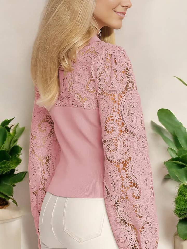 Anna Kaci Wholesale - Wholesale Blouse - Women's - Women's Long Sleeve Lace Panel Top with Sheer Puff Sleeves18