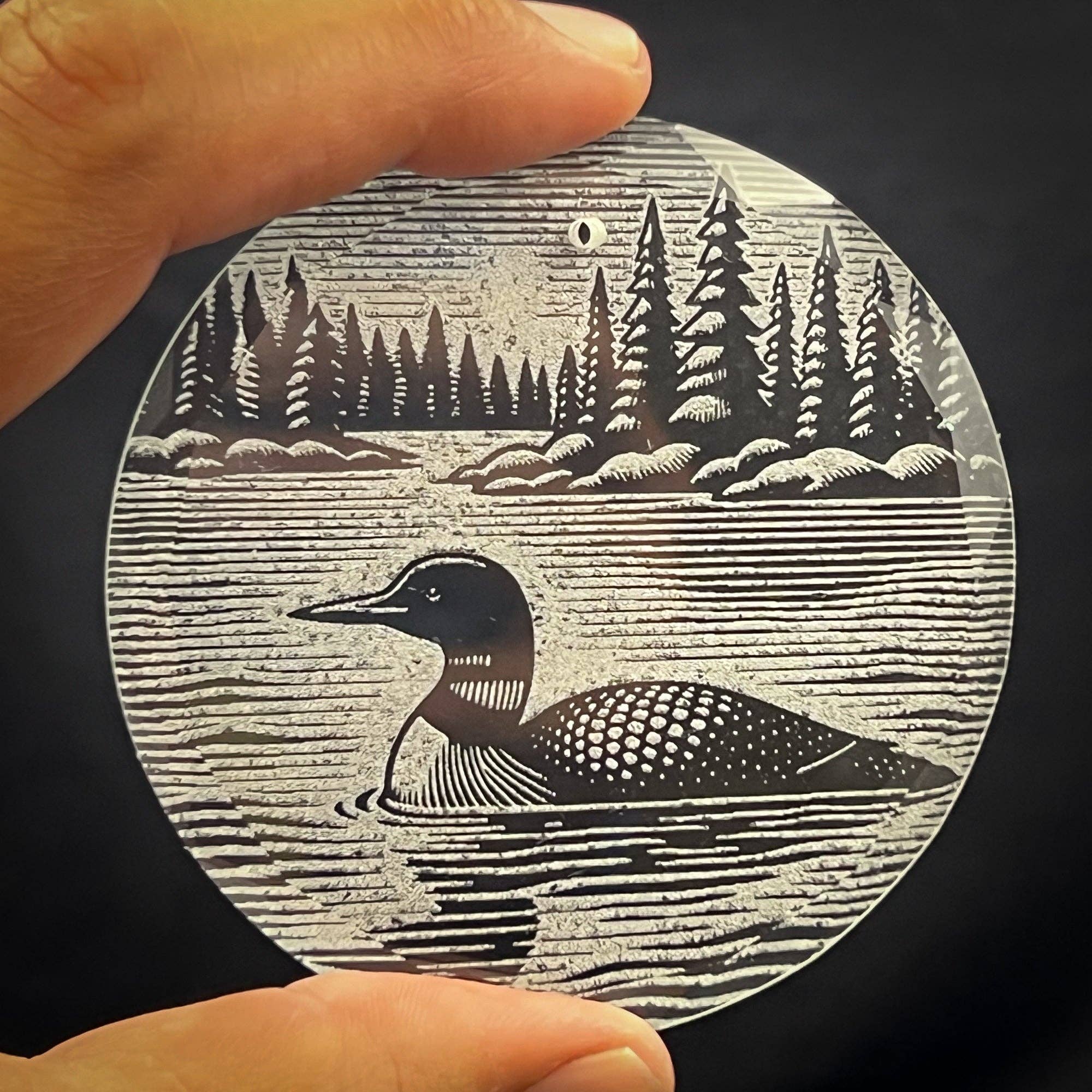 Adirondack Etching LLC - Wholesale Ornament - Loon Scene  3 1/4" Round Clear Glass Ornament1