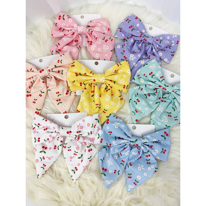 Mix Colors of Cherry Printed Bow Hair Clips for wholesale on Faire