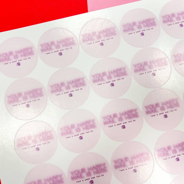 Paars Happy Mail verpakking stickervel voor wholesale door The Small Business Handbook