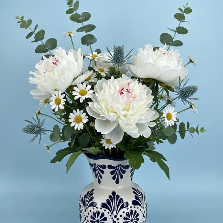 White and Blue Floral Mexican Ceramic Vase for wholesale by Fiesta McAllen LLC