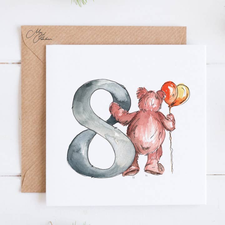 Biglietto di auguri di compleanno per otto anni per la vendita all'ingrosso da parte di Meg Hawkins Art