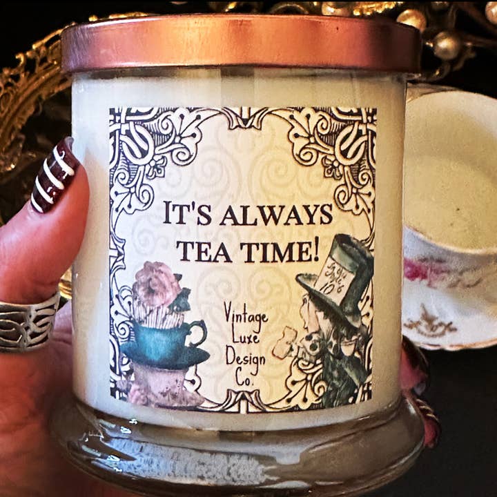 Vintage Luxe Design Co. - Wholesale Jar/Filled Candle - Alice Wonderland Tea Party 10 Oz Soy Wax Candle Mad Hatter