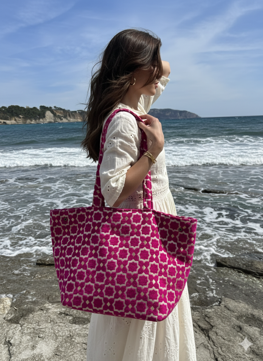 craftberber - Wholesale Tote Bag - Women's - Handmade Moroccan Brocade Tote – Pink & Gold Pattern0