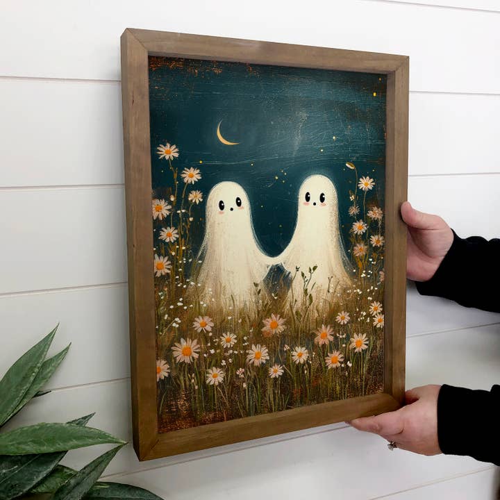 Hangout Home - Wholesale Art Print - Two Cute Ghosts Holding Hands in Flowers - Halloween Artwork