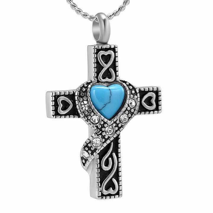 Silver Heart Cross With Turquoise Heart Center Cremation Urn Necklace for wholesale by Cherished Emblems