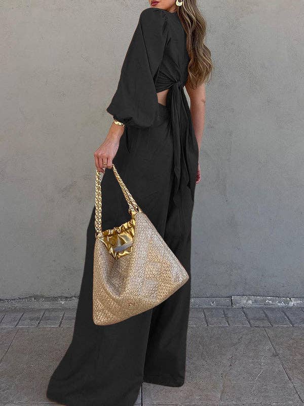 StyleGalX - Vendita all'ingrosso Completo top e pantaloni (NON loungewear) - Donna - Camicie monospalla plissettate in tinta unita con elastico asimmetrico sciolto a maniche lunghe, top + pantaloni in fondo, set di due pezzi2