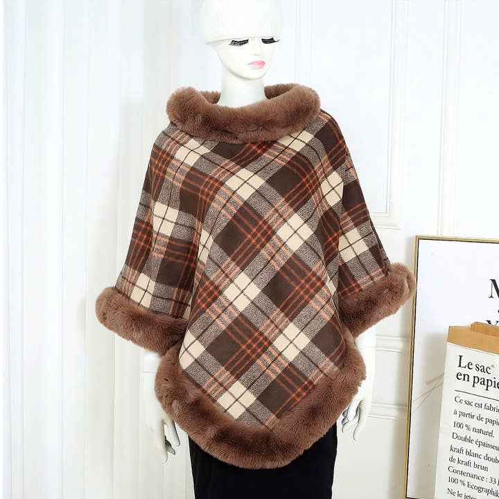 Diacly - Wholesale Poncho - Women's - 12pk Checked Pattern Faux Mink Fur Edge Poncho