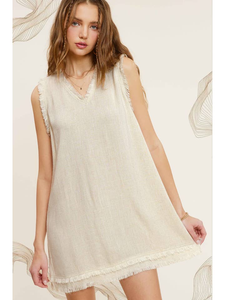 La Miel - Vendita all'ingrosso Vestito - Donna - Abito mini La Miel in tessuto morbido con bordo tagliato e orlo sfrangiato a V1