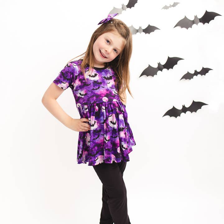 Halloween | Twilight Bats | Bamboo Toddler & Girls Peplum Top & Leggings Set for wholesale by Little Popp Crew