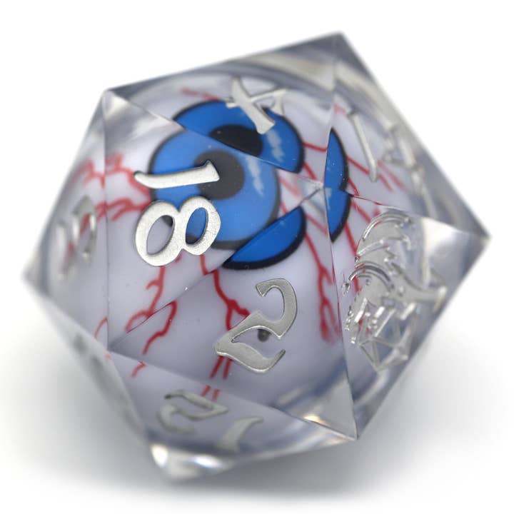 LED en résine à bords tranchants 55 mm D20 - Always Watching Blu pour la vente par Hymgho Premium Dice