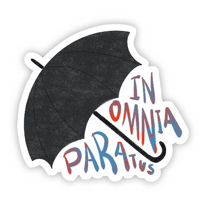 In Omnia Paratus Umbrella Sticker for wholesale by Big Moods