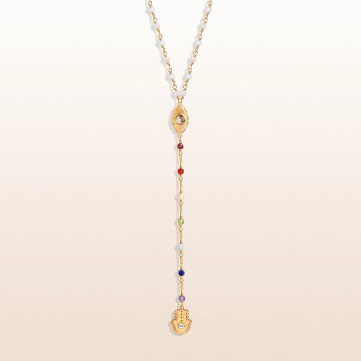 SUPREME AWAKENING - MOONSTONE CHAKRA ROSARY NECKLACE for wholesale by Karma And Luck