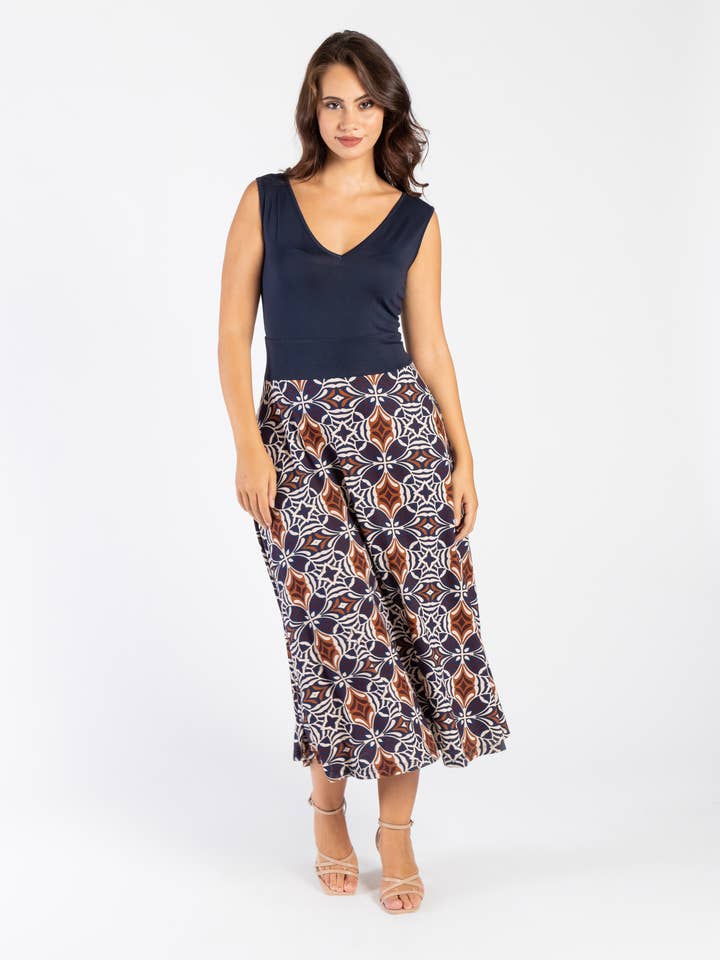 Viscose Patterned Dress with Solid Knit Bodice for wholesale by Clara G.