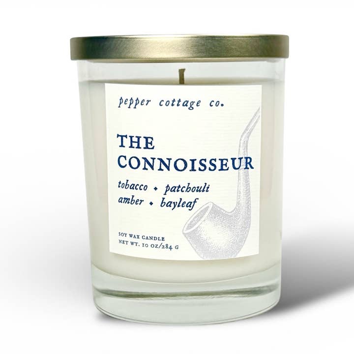 The Connoisseur 10 oz Jar - Tobacco, Patchouli, Amber, & Bayleaf for wholesale by Pepper Cottage Co. Candles