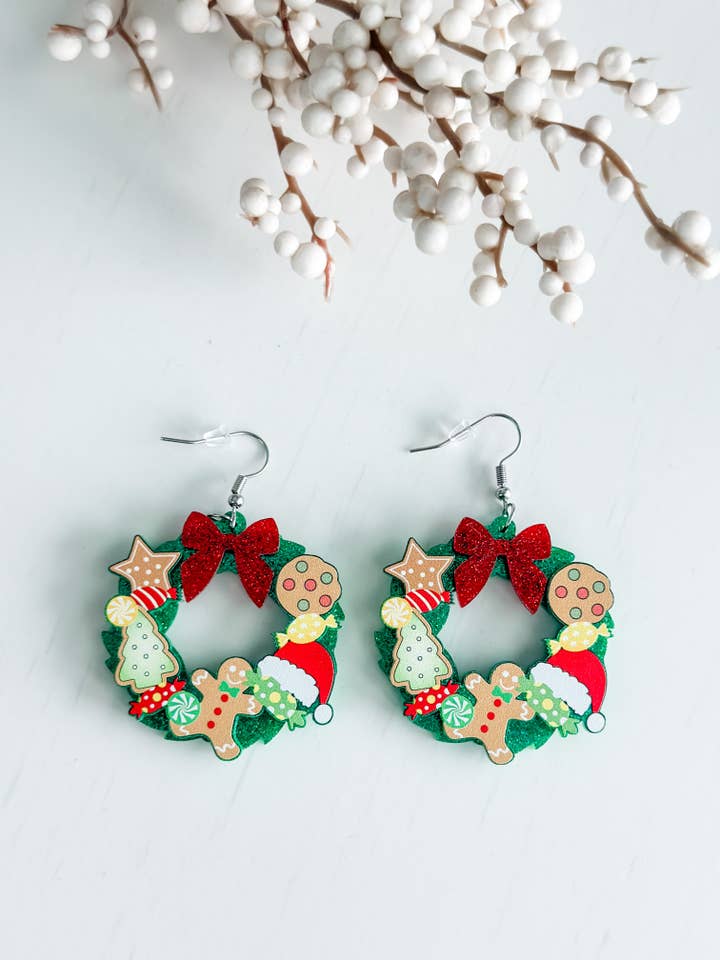 "All Things Christmas" Wreath Earrings for wholesale by Harris Girls & Co.