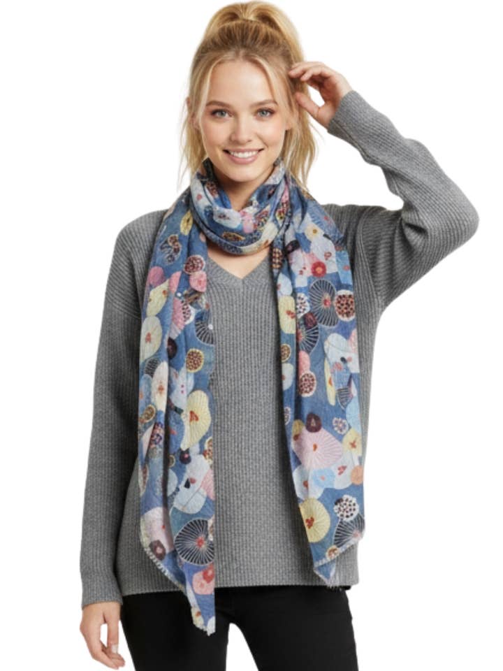 Lotus Leaves Japanese Floral Scarf – Merino Wool Embroidered Designer Wrap | Multicolor Nature Print for wholesale by Namaskar Australia