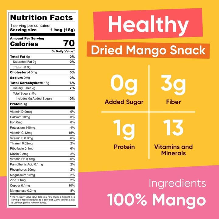 Yammy - Wholesale Dried/Dehydrated Fruit - Dried Mango Chips Snack Pack: Gluten Free, Vegan