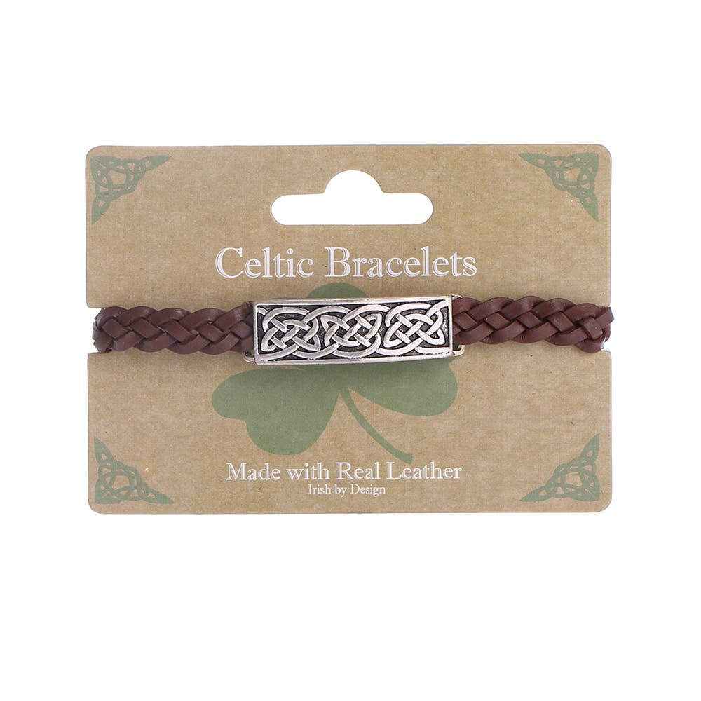 Brown IRB-015C 4 Platt Leather Bracelet with Shamrock for wholesale on Faire