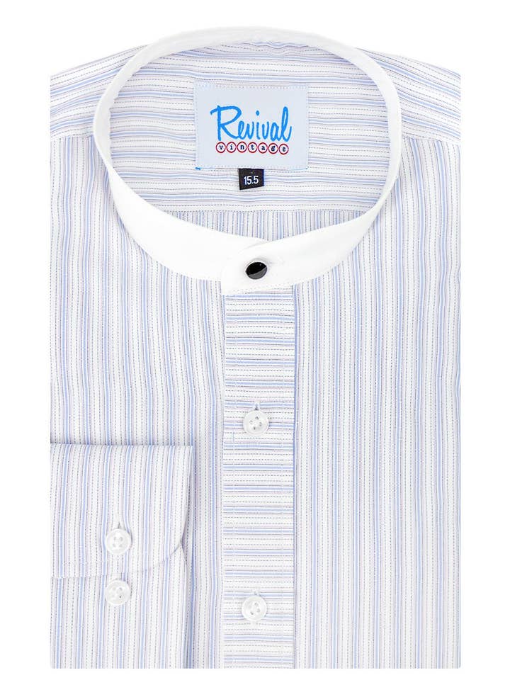 Collarless Grandad Shirt - Blue & Pink Orton Stripe for wholesale by Revival Vintage Ltd