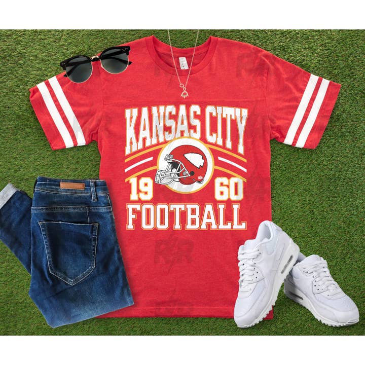 Retro Kansas City Football 1960 Helmet Red Jersey Tee for wholesale by The Red Rival Wholesale