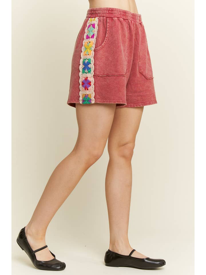 J.Her - Wholesale Shorts - Women's - Mineral Washed Crochet patch side trim Knit Shorts HP648724