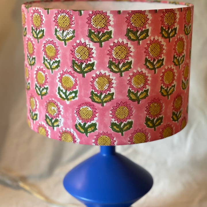 Olive and Limpet - Wholesale Lamp Shade - 10 Inch Drum Lampshade. Indian Hand Block Print. Ruddy Pink with Ochre and Army Green Flower Motif.
