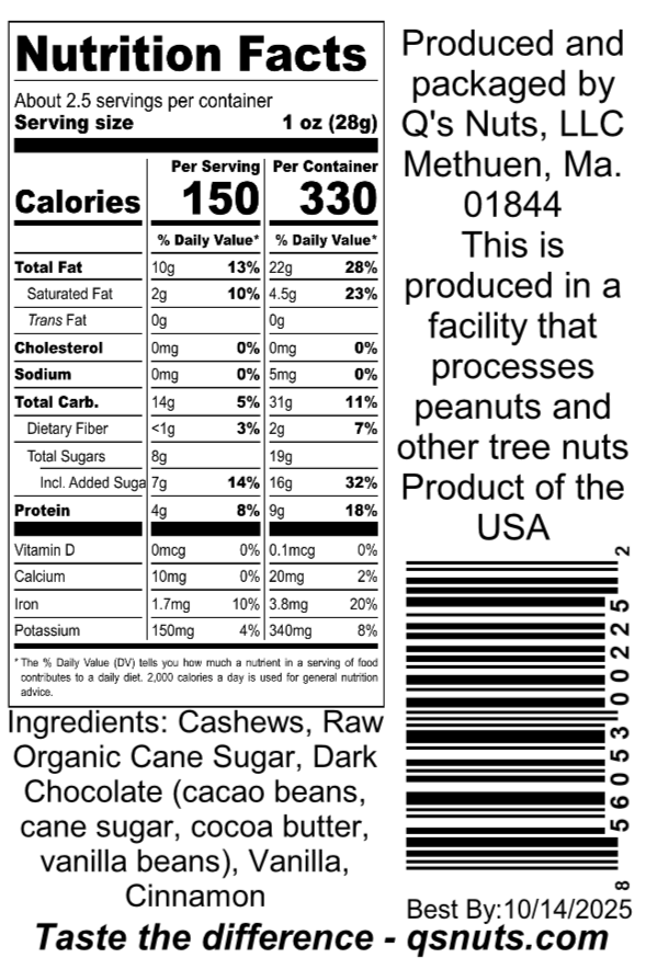 Q's Nuts, LLC - Vendita all'ingrosso Frutta secca - 2,25 oz di anacardi al cioccolato messicano1