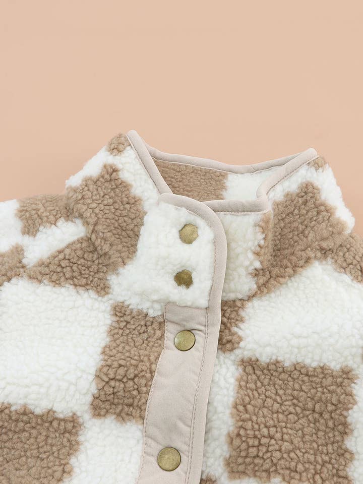 Brown Checked Snap Button Sherpa Jacket for wholesale on Faire8