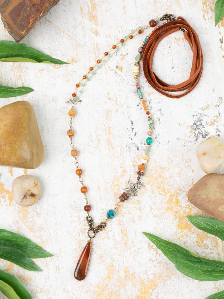 Earthen Carnelian, Czech Glass, Turquoise With Agate Pendant Collage Necklace for wholesale by Anne Vaughan Designs Jewelry