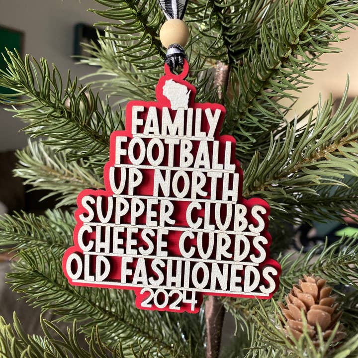 Novotny Designs - Wholesale Ornament - Wisconsin tree-shaped favorite things ornament - red