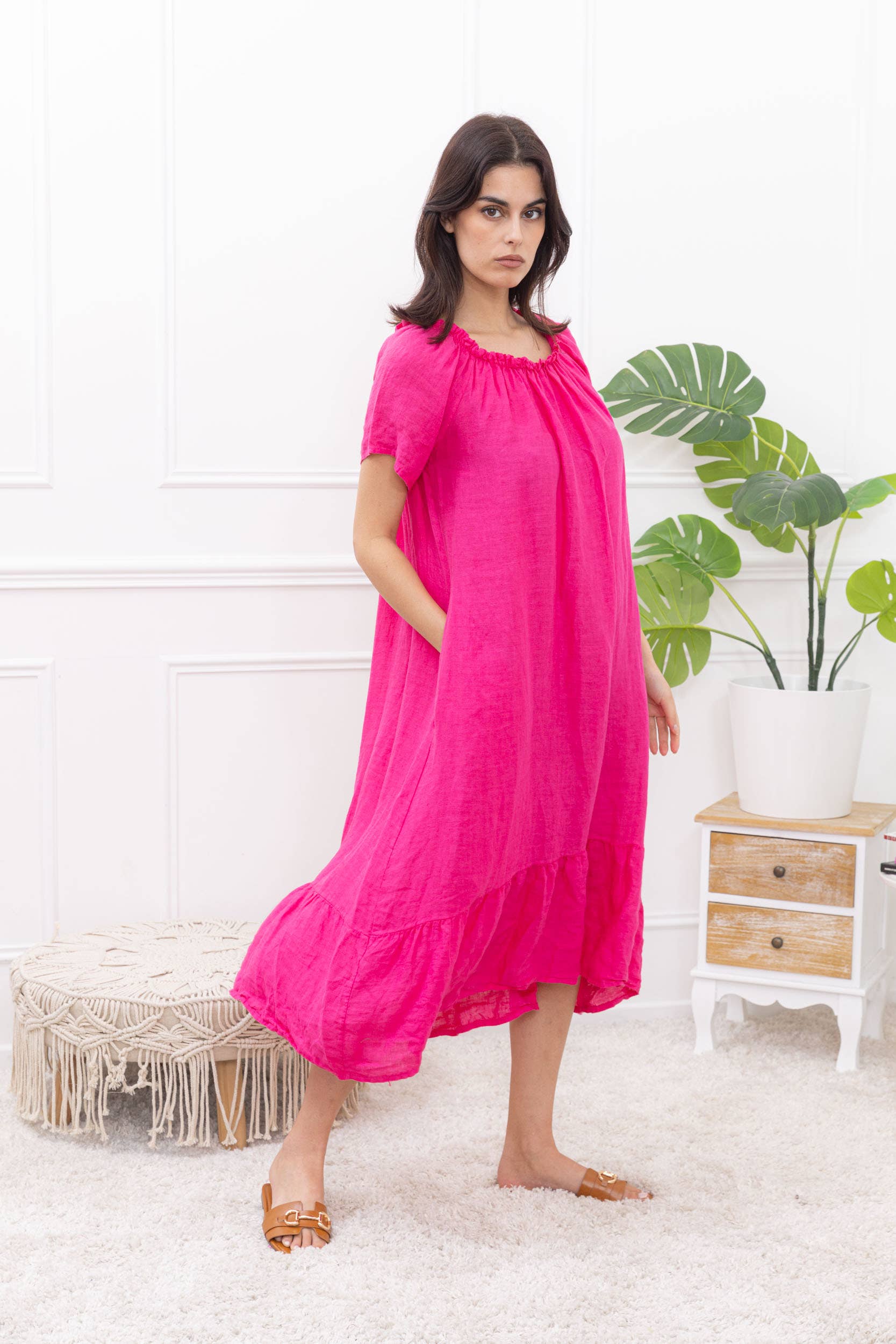 Happy look - Wholesale Dress - Women's - Long Linen Dress with Short Sleeves and Elastic Collar18