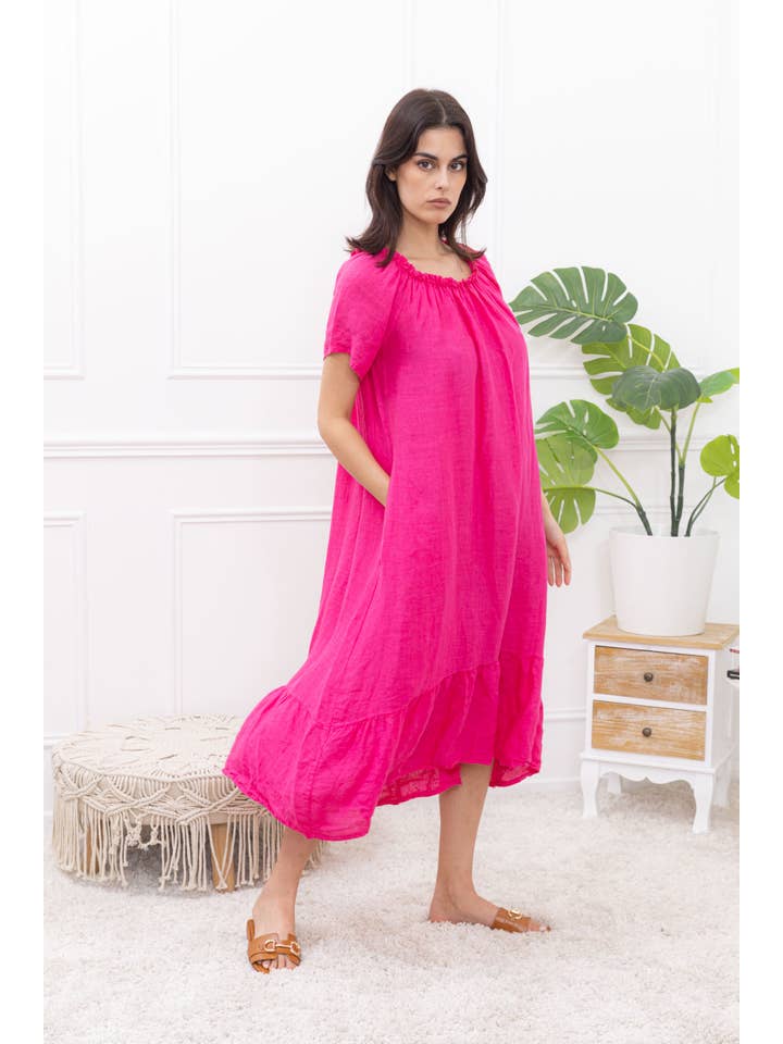 Happy look - Wholesale Dress - Women's - Long Linen Dress with Short Sleeves and Elastic Collar18