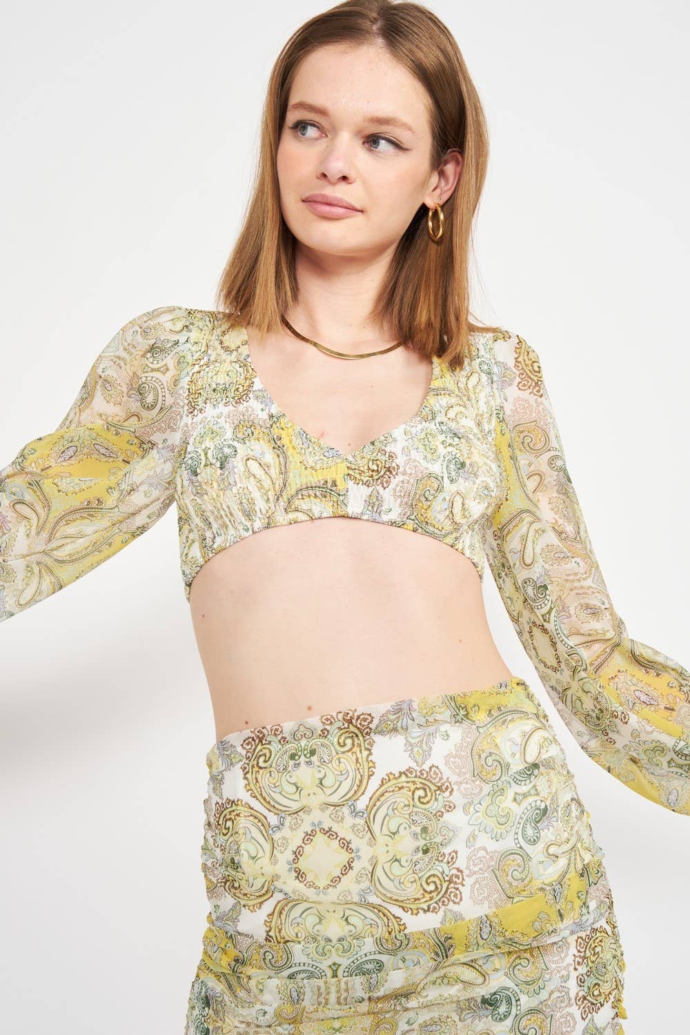 GREEN MULTI FLORAL V NECK SMOCKED CROP TOP for wholesale on Faire1