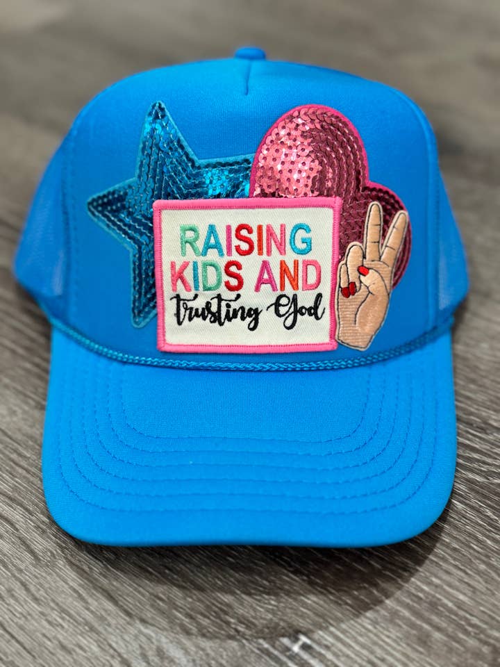 Raising Kids & Trusting God Christian Trucker Hat for wholesale by Patchwrx Customs Hat Bar
