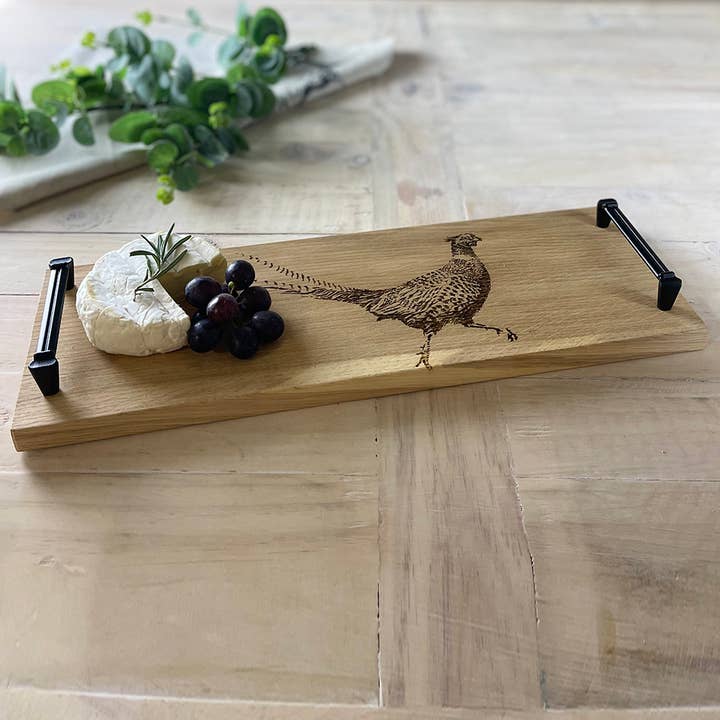 Pheasant Small Oak Serving Tray with Burnished Steel Handles for wholesale by Selbrae House Ltd