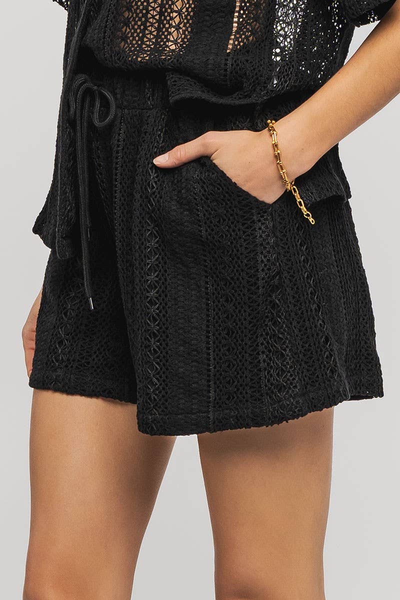 Urban Daizy - Wholesale Shorts - Women's - Bohemian Crochet Knit Drawstring Elastic Waist Pocket Shorts1