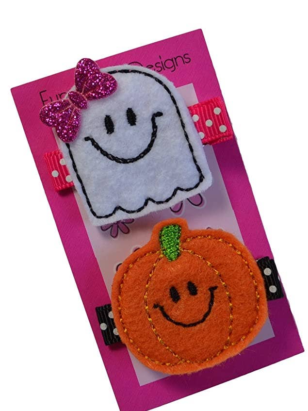 Juego de pinzas para el pelo de fieltro bordadas con calabaza y fantasma para venta al por mayor de Funny Girl Designs