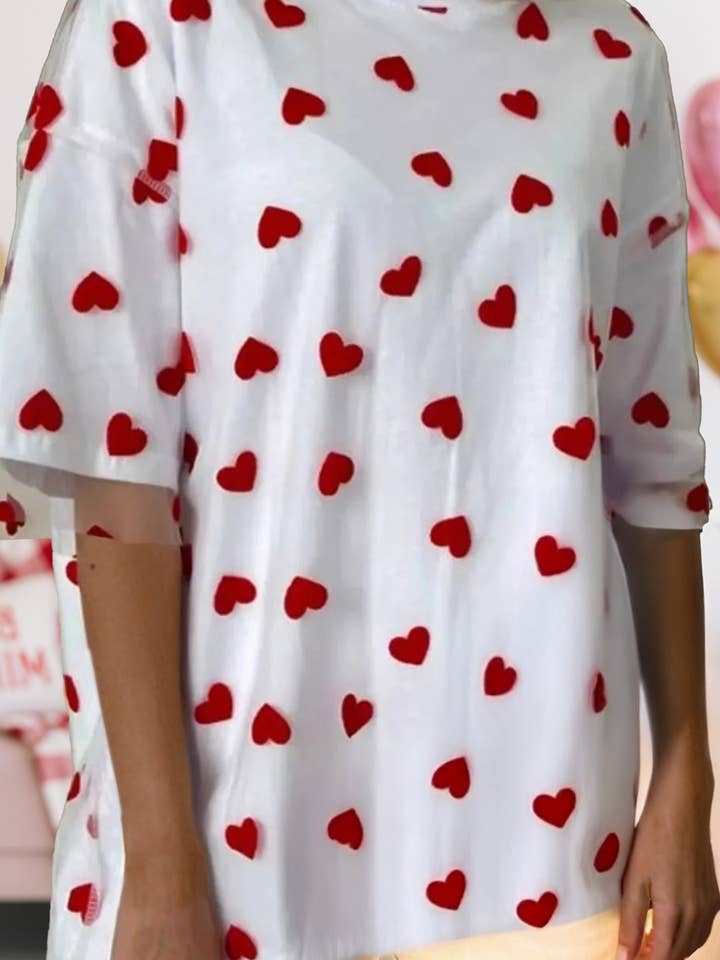 Valentine Heart Printed Sheer Mesh Overlay Oversize T Shirt for wholesale by fashionworks