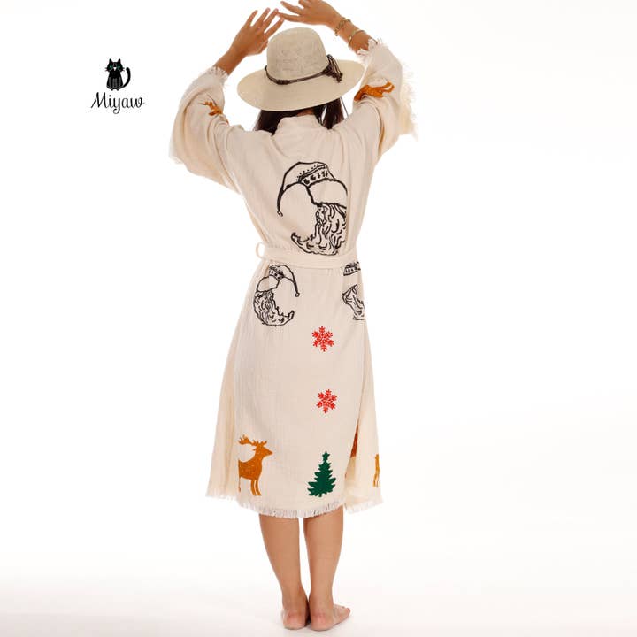 Beige Christmas Tree Santa Kimono Robe – Gift for 2025 Holidays for wholesale on Faire7