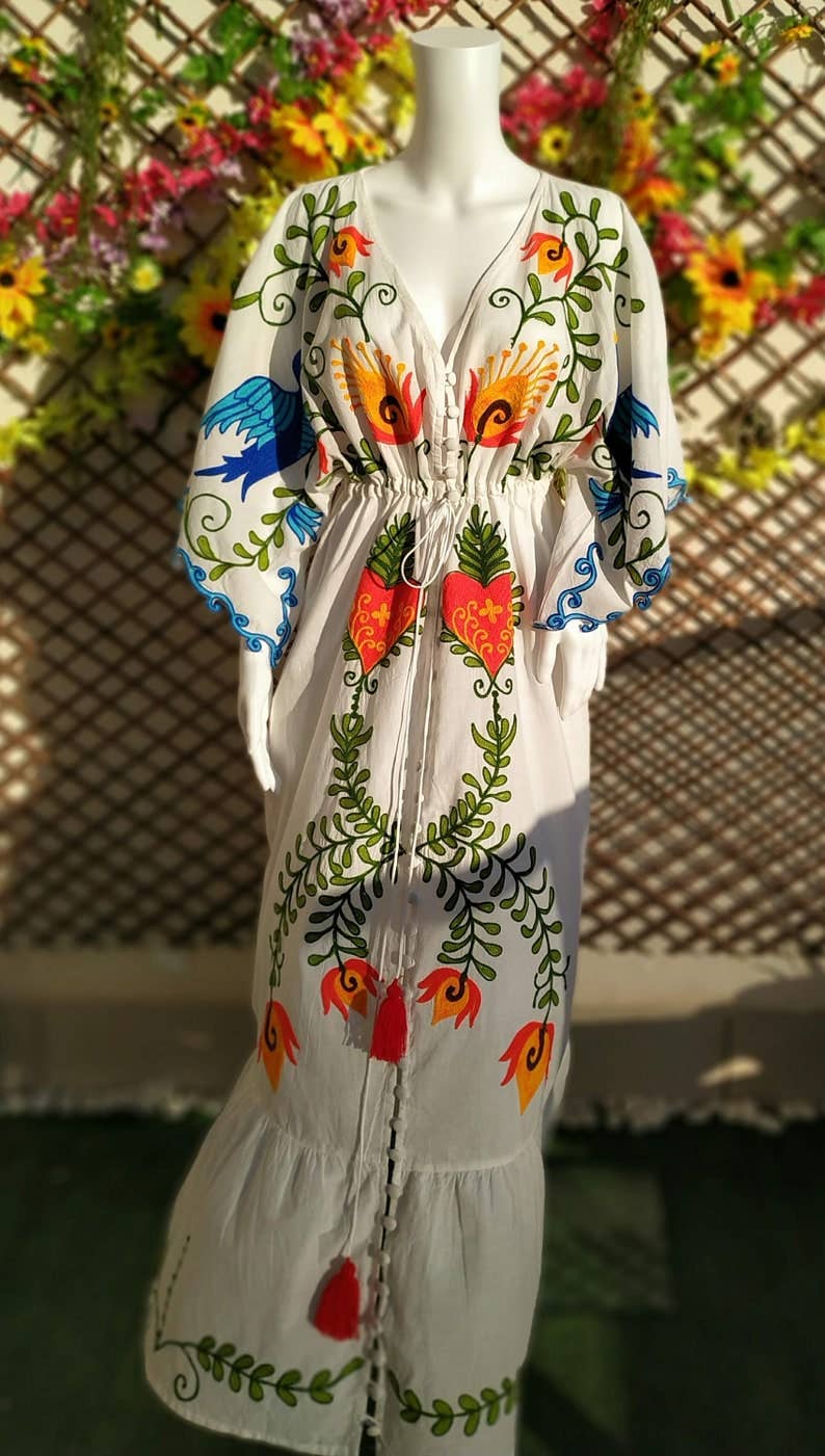 TABITHA - Vente Robe – femme - Robe cœur style bohème en coton avec broderie mexicaine1