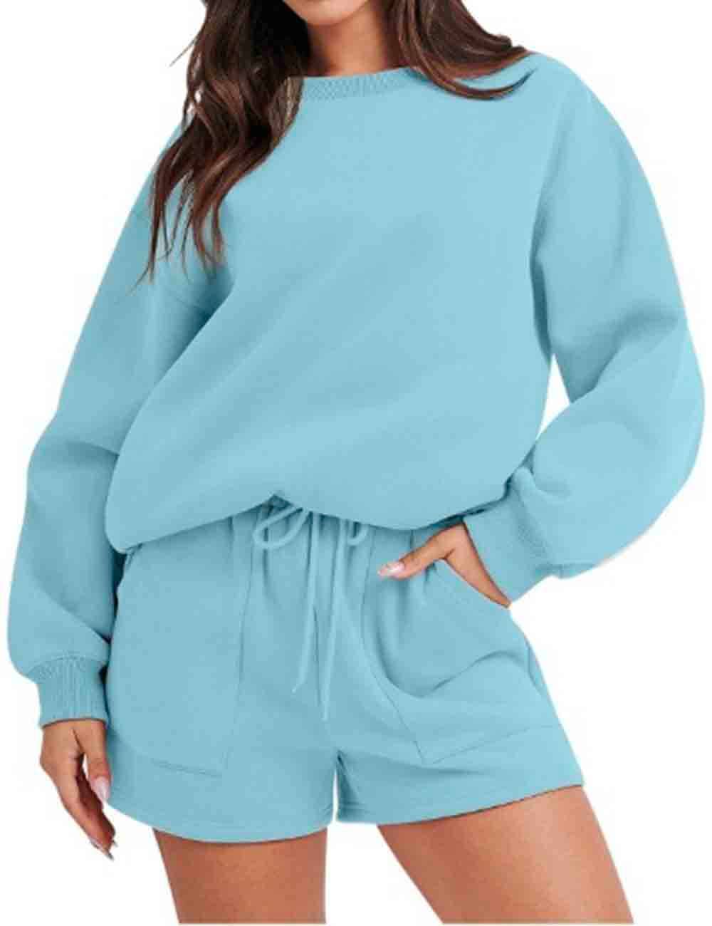 Sweetkama - Wholesale Lounge Set - Women's - Ladies Solid Color Long Sleeves Sweatshirt & Shorts Set7