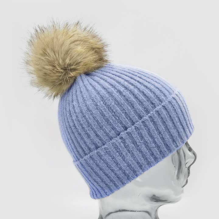 Cashmere Blend Faux Fur Pom-Pom Hat in Soft Blue for wholesale by Last True Angel