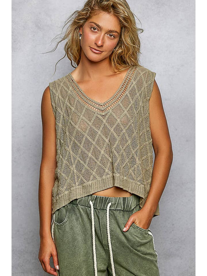 Pol Clothing - Wholesale Knit Top - Women's - V-neck Diamond Weave Crochet Sleeveless Knit Top 6