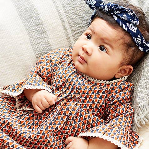 Yo Baby - Wholesale Dress - Baby - Pleated Abstract Orange Shift Dress with lace Details & Diaper Cover1