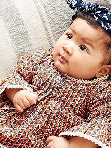 Yo Baby - Wholesale Dress - Baby - Pleated Abstract Orange Shift Dress with lace Details & Diaper Cover1